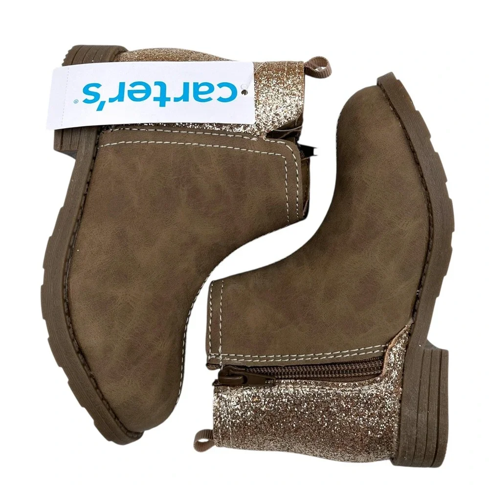 Carters Little Girl's Liana Ankle Boots Size 12 Taupe Glitter Accent Side Zip‎